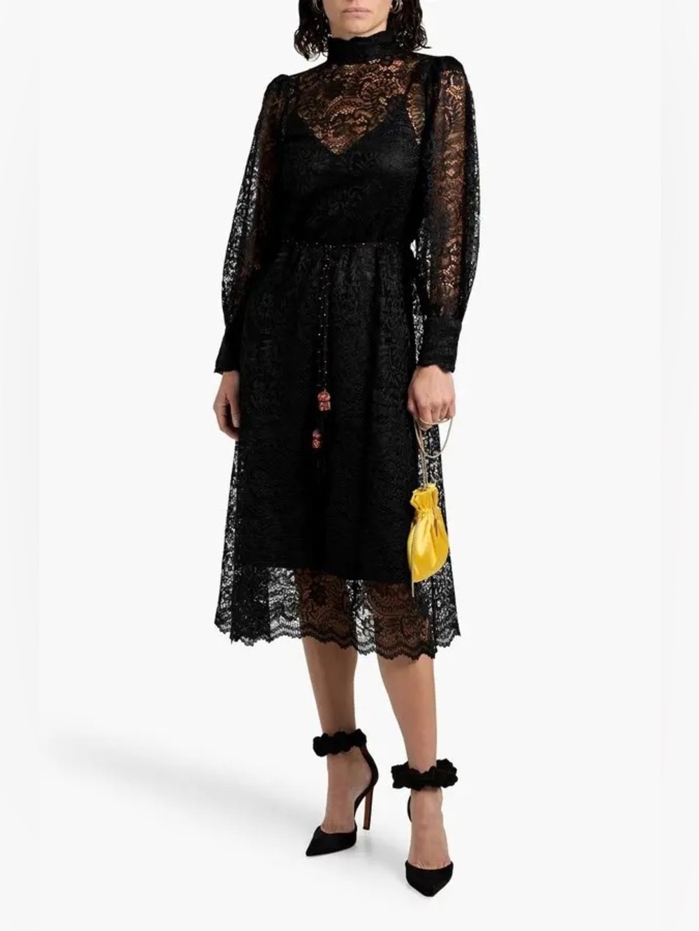 Farm Rio Corded Lace Tie Waist Midi Dress Black Mock Neck